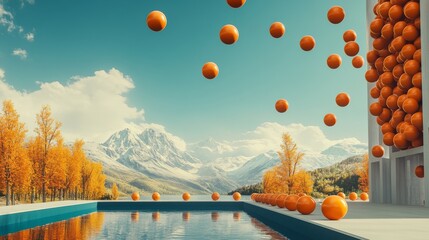 3d render. Falling orange balls in the blue background. Illustration for advertising. 