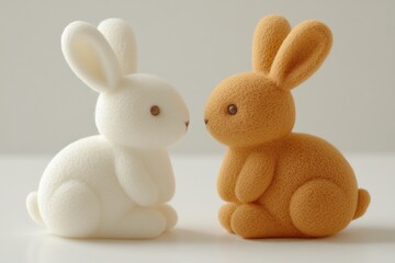 Pair of Small Bunnies in Soft Diffused Lighting on a Bright White Background for Minimalist Decor and Microstock Use