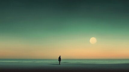 Fototapeta premium A serene beach scene at sunset, reflecting off the calm waves of the ocean. A lone figure stands silhouetted in the foreground, creating a peaceful and introspective mood.