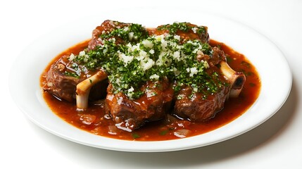 A plate of Osso Buco with tender braised veal shank in a rich tomato-based sauce, garnished with gremolata, on a white isolated background
