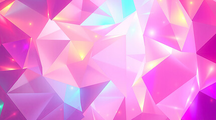 A vibrant abstract background of interlocking pink and white triangles with a glossy, iridescent texture. Soft light glows through, enhancing the depth and ethereal feel