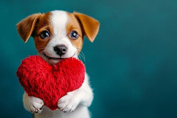 Jack russell terrier - my cherished dog. Cute jack russell terrier pooch with fluffy red heart - sign of love, funny greeting card. Ad visual creative design. Pet love photo ideas. Pet love.