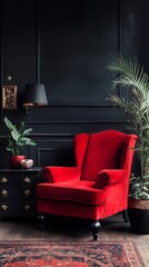 Obraz premium a dark room with a red chair and green plants.