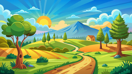 Obraz premium Rural landscape with a path, trees and meadows on hills, blue sky and pleasant warm sunshine from the low sun