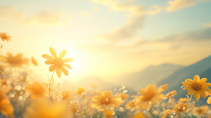 Obraz premium Serene sunrise illuminating a field of vibrant yellow wildflowers, bathed in warm golden light. Peaceful, idyllic nature scene.