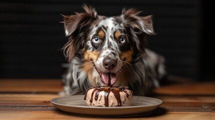 Playful dog enjoying a chocolate donut on a wooden table with a blurred background