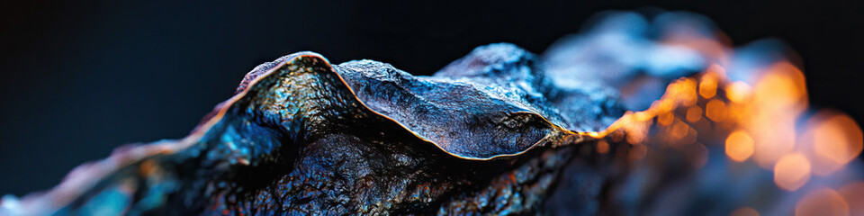 Close-up Photograph of a Textured Metallic Object with Blue and Orange Hues
