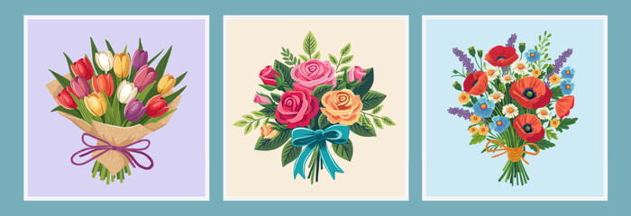 flower bouquets in wrapping and blooming plant. Compositions for a florist shop. Roses, poppies, tulips. Happy holidays. Vector illustration isolated on color background.