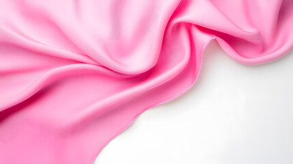 Piece of pink silk sheet textile, light drapery, top view, on a white background
