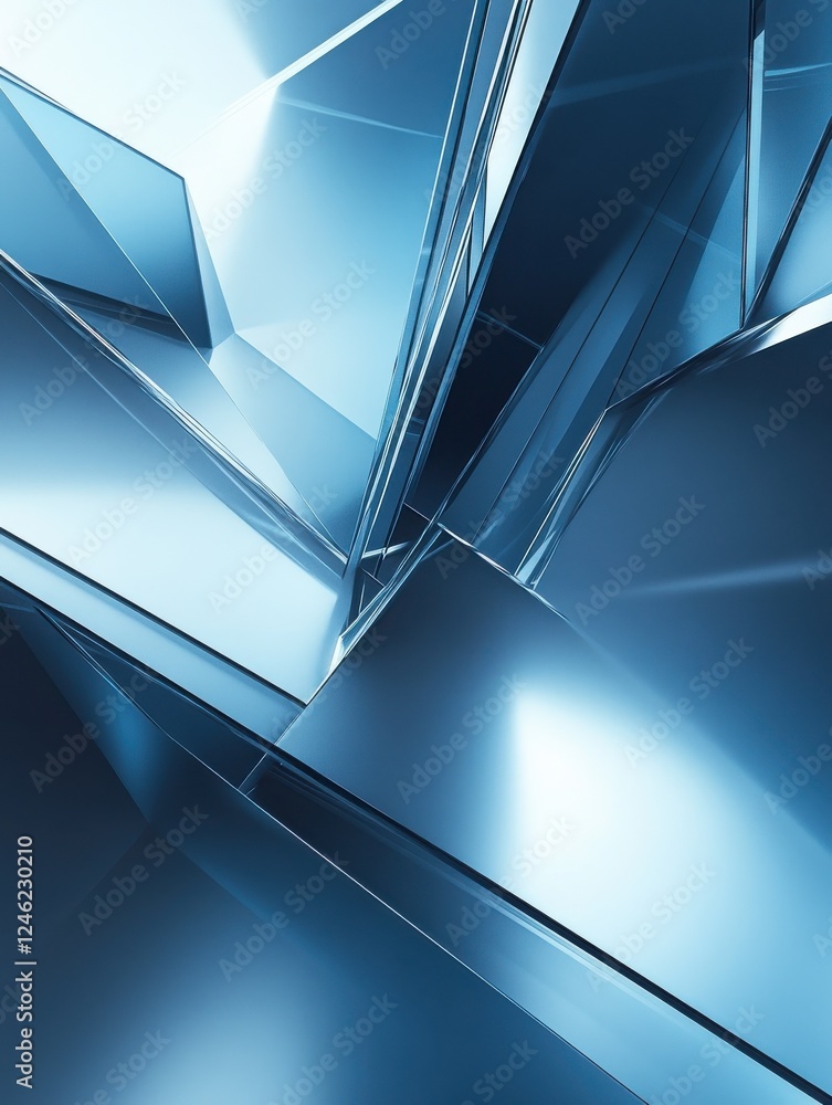 Poster minimalist blue tech background with angular shapes and soft light accents, creating a sleek, futuri