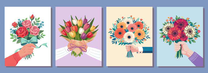 flower bouquets in wrapping and blooming plant hand holding. tulips, gerberas, roses. Happy holidays. Vector illustration isolated on color background.