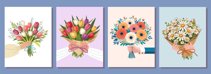 flower bouquets in wrapping and blooming plant hand holding. tulips, gerberas, chamomiles. Happy holidays. Vector illustration isolated on color background.