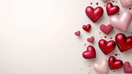high quality, Valentine's day background with red and pink hearts on white background