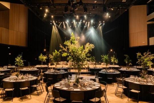Elegant Hotel Ballroom Set up for a Gala Dinner With Round Tables and Dramatic Lighting