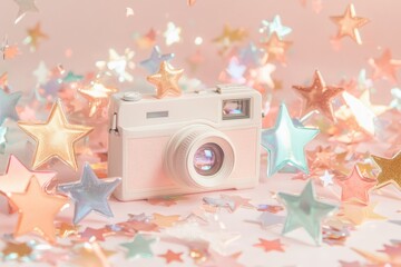 Polaroid Camera Surrounded by Pastel Holographic Stars on a Vibrant Y2K Gradient Background for Minimalistic Microstock Photography