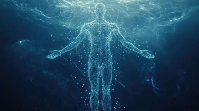 Abstract human form underwater, glowing with energy.