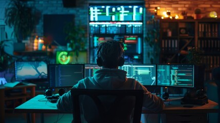 Person engaged in programming at night with multiple screens displaying coding and data analytics in a modern workspace