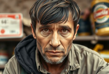 Fototapeta premium Photorealistic portrait of a male person from a poor background