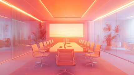 Fototapeta premium Modern office conference room with sunset view.