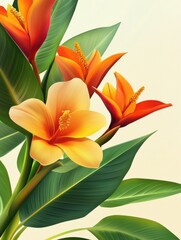 Fototapeta premium Pattern of tropical flowers in bright colors with lush green leaves on a light background