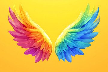 Fototapeta premium Colorful wings in vibrant hues against a bright yellow background.