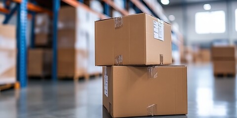 Stacked boxes in a modern warehouse symbolize logistical precision and the efficiency of contemporary storage solutions.