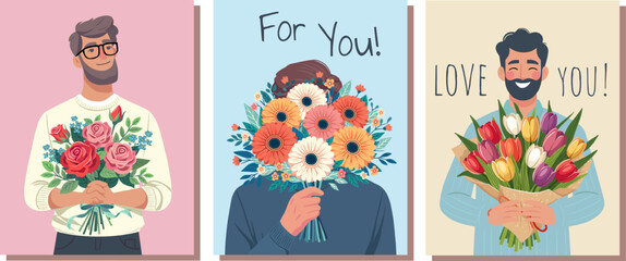 flower bouquets in wrapping and blooming plant hand holding man Compositions for a florist shop. Tulips, gerberas, roses. Happy holidays. Vector illustration isolated on color background.