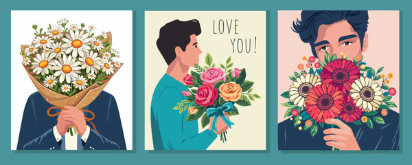 flower bouquets in wrapping and blooming plant hand holding man Compositions for a florist shop. Chamomile, gerberas, roses. Happy holidays. Vector illustration isolated on color background.