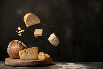 Fototapeta premium Pieces of Bread and Cheese Fall Gracefully Towards a Rustic Wooden Plate in a Minimalistic Dark Setting
