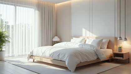 Modern Minimalist Bedroom Design with Sunlight and White Bedding