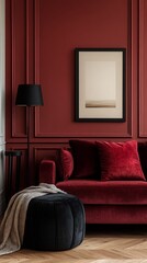 Obraz premium A cozy living room with red walls and a plush red velvet sofa.