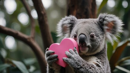Obraz premium Koala holding a pink heart