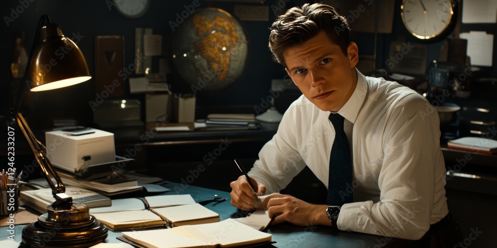 Poster focused student studying at desk with books and notes, illuminated by task lamp in study space