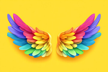 Fototapeta premium Colorful wings made of petals against a vibrant yellow background.