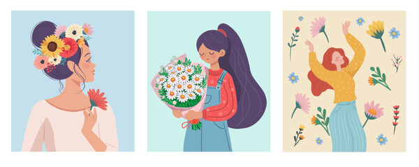 flower bouquets and women. Compositions for a florist shop. Chamomile, gerberas, wild flowers. Happy holidays. Vector illustration isolated on color background.