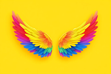 Obraz premium Colorful wings in vibrant hues against a bright yellow background.