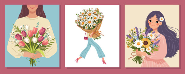 flower bouquets in wrapping and blooming plant hand holding woman Compositions for a florist shop. Chamomile, wild flowers, tulips. Happy holidays. Vector illustration isolated on color background.