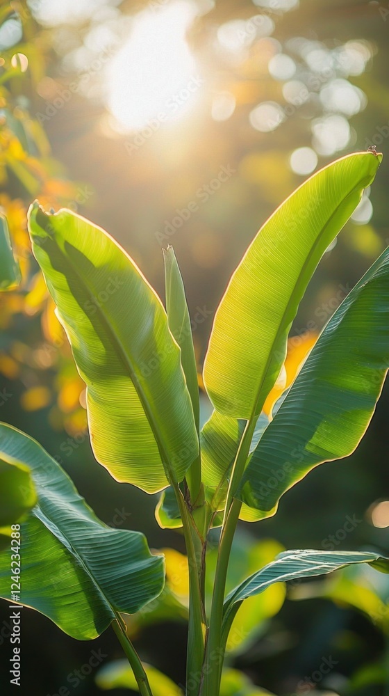 Poster vibrant banana leaves stretch skyward, illuminated by soft sunlight filtering through a lush garden.
