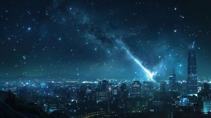 Nighttime cityscape under a starry sky with a meteor shower illuminating the skyline