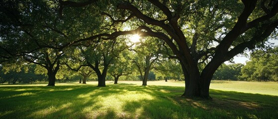 Sun shining through large oak trees in a grassy field.