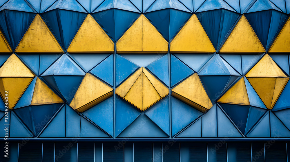 Poster abstract geometric architectural detail featuring a captivating pattern of blue and gold triangular 