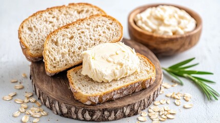 Naklejka premium Oat bread with cream cheese, rustic kitchen setting