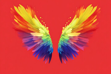 Obraz premium Vibrant rainbow wings on a red background, symbolizing freedom and diversity.
