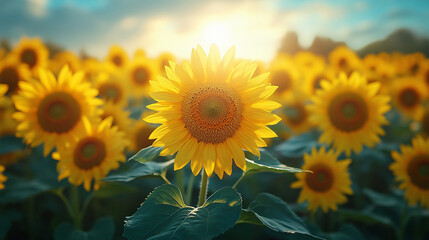 Obraz premium Vibrant Yellow Sunflowers Summer Field Golden Sunset Nature Day Warm Bloom Plant Image Rural Happy 