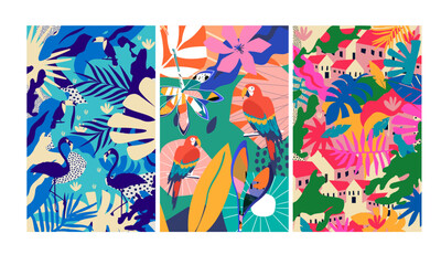 Colorful flowers and leaves poster background vector illustration. Exotic plants, branches, flowers and leaves art print for beauty, fashion and natural products, spa and wellness, wedding and events	