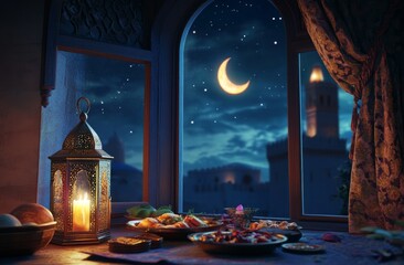 Ramadan feast, night window, crescent moon, city view, lantern