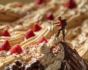 Miniature peanut butter character walking through chocolate and strawberry whipped cream mountains