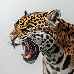 Obraz premium Full-body angry jaguar looking to the side on a white background