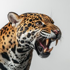 Obraz premium Full-body angry jaguar looking to the side on a white background