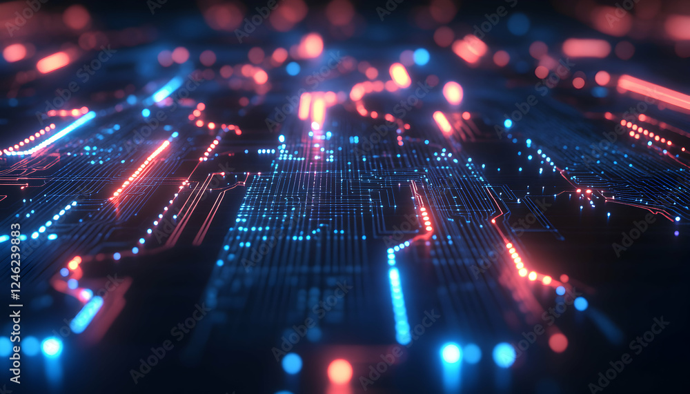 Poster abstract digital circuit board with glowing blue and red lines. futuristic technology background. pe